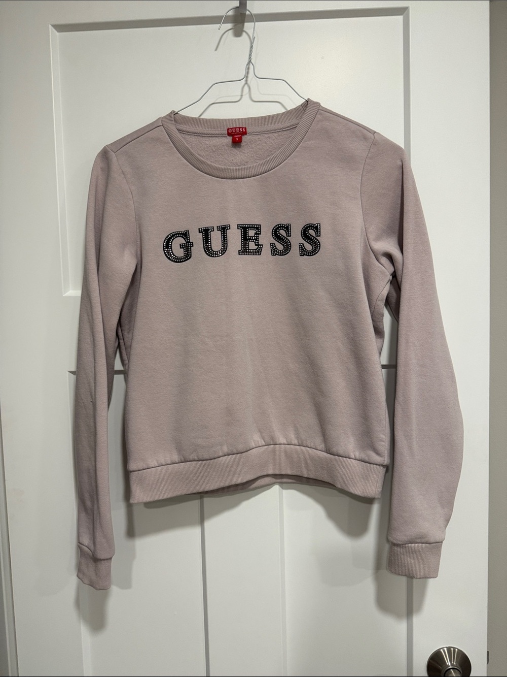 GUESS Juniors S Taupe Rhinestone Logo Crewneck Sweatshirt